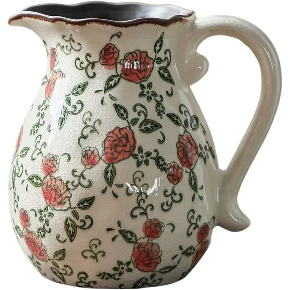 8.2 Inch Hand-Painted Roses With Ice Crackle Glaze Finish Vintage Ceramic Vase
